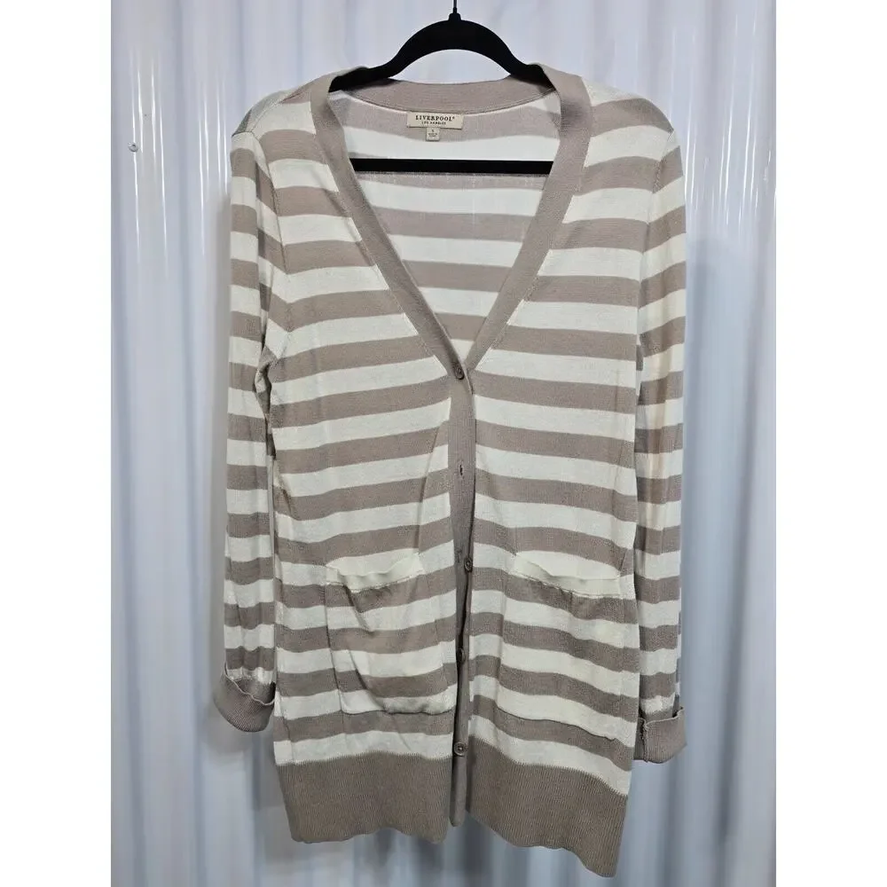 Liverpool Women's Sweater Stripes Beige Size Small Button Front V-neck Cardigan